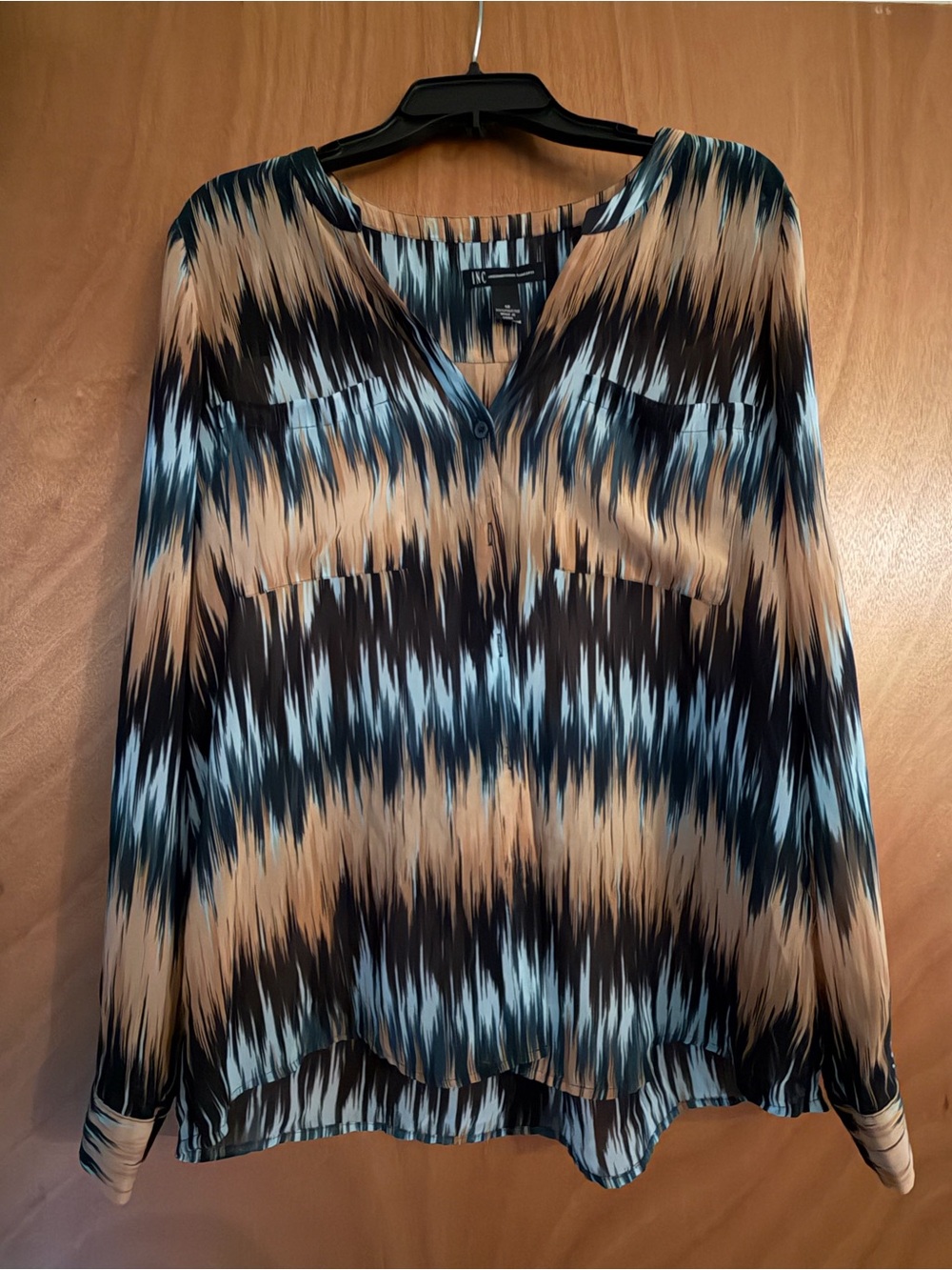 INC International Concepts Blue and Tan Abstract V-Neck Blouse